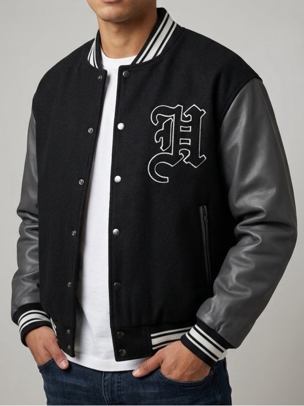 Classic Black & White Varsity Bomber Jacket H Emblem Academia Preppy XL